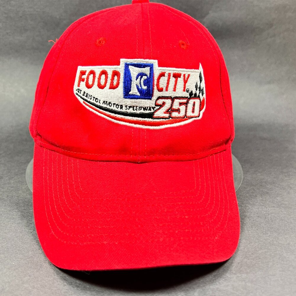 Vtg Food City 250 Strap Back Hat Cap KC Red NASCAR Bristol Speedway Mens 90s